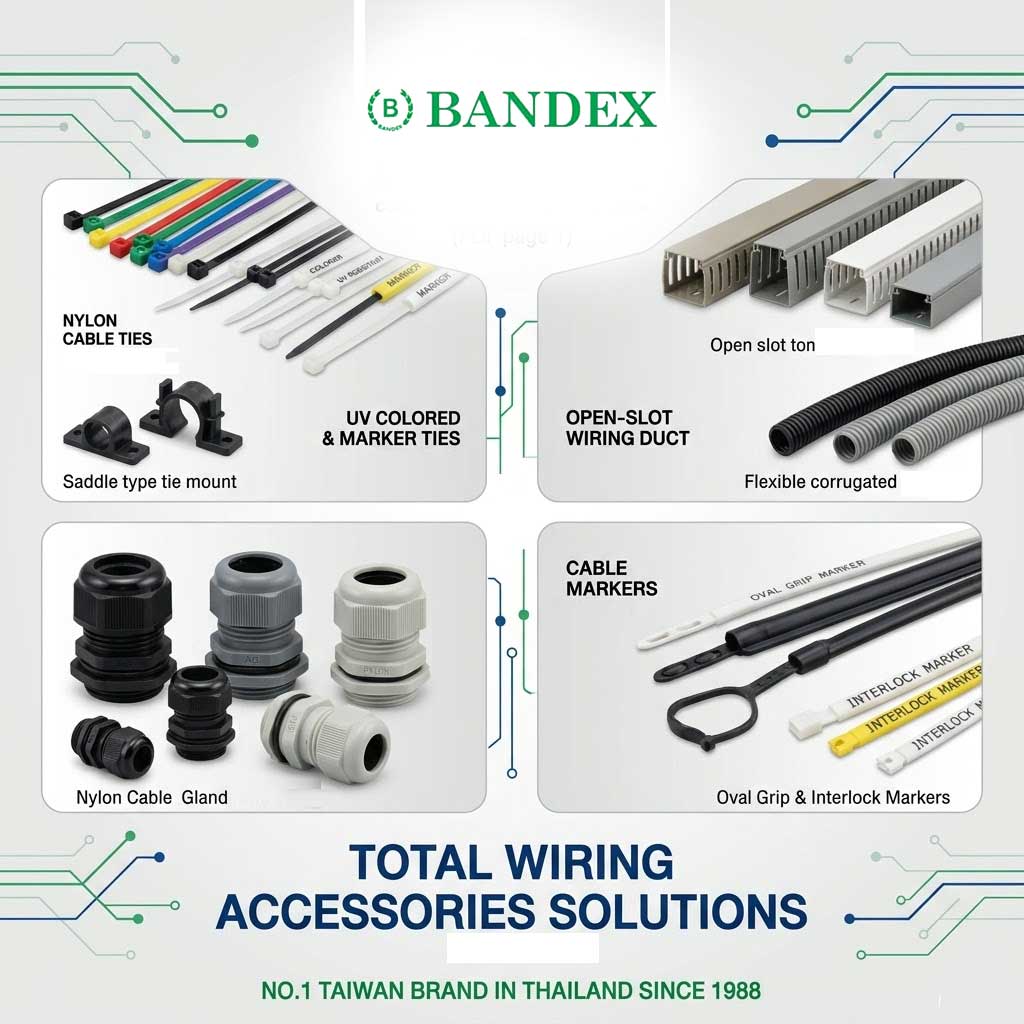 (Highly Descriptive for Search Engines and Accessibility) A professional composite infographic showcasing the BANDEX 2024 product catalog range. The top features the green and blue BANDEX logo "cable ties & wiring accessories." Below it, four distinct panels illustrate key product categories with specific PDF page references: 1. Nylon Cable Ties (standard, colored, marker, UV colored, and saddle type tie mounts