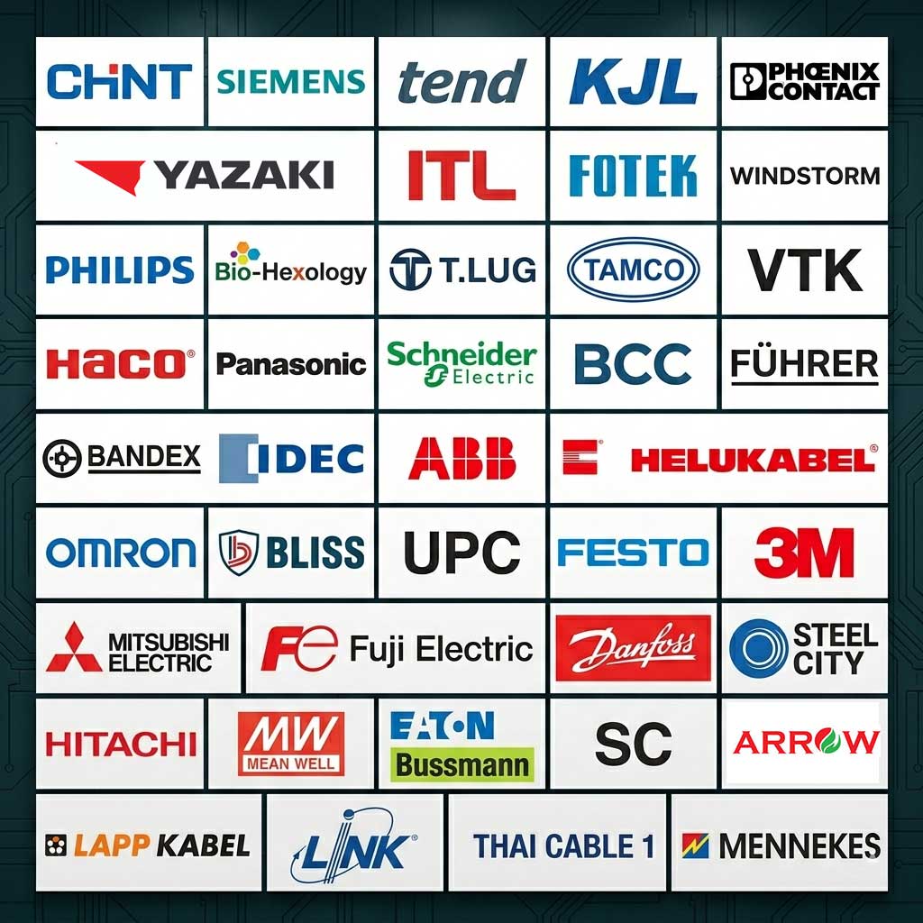 รวมโลโก้แบรนด์อุปกรณ์ไฟฟ้ามาตรฐาน มอก. กว่า 40 แบรนด์ เช่น Thai Yazaki, BCC, Schneider Electric, ABB, Mitsubishi, KJL และ Tamco ที่จัดจำหน่ายโดย บริษัท ฟอน เอ็นจิเนียริ่ง จำกัด